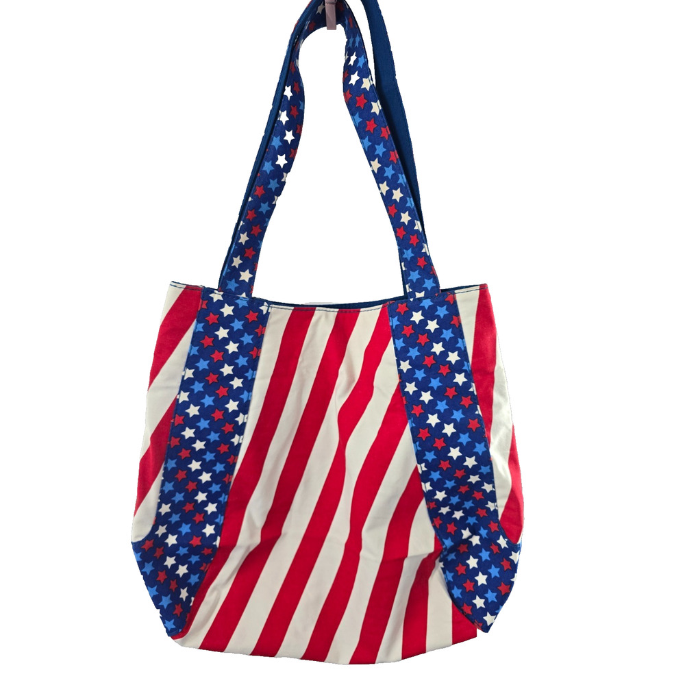 New 100% Cotton Patriotic Shoulder Bag Stars Magnet Closure Inside Pockets